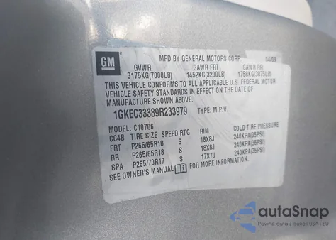 2009 GMC Yukon Slt2 z USA, uszkodzony, nr VIN 1GKEC33389R233979